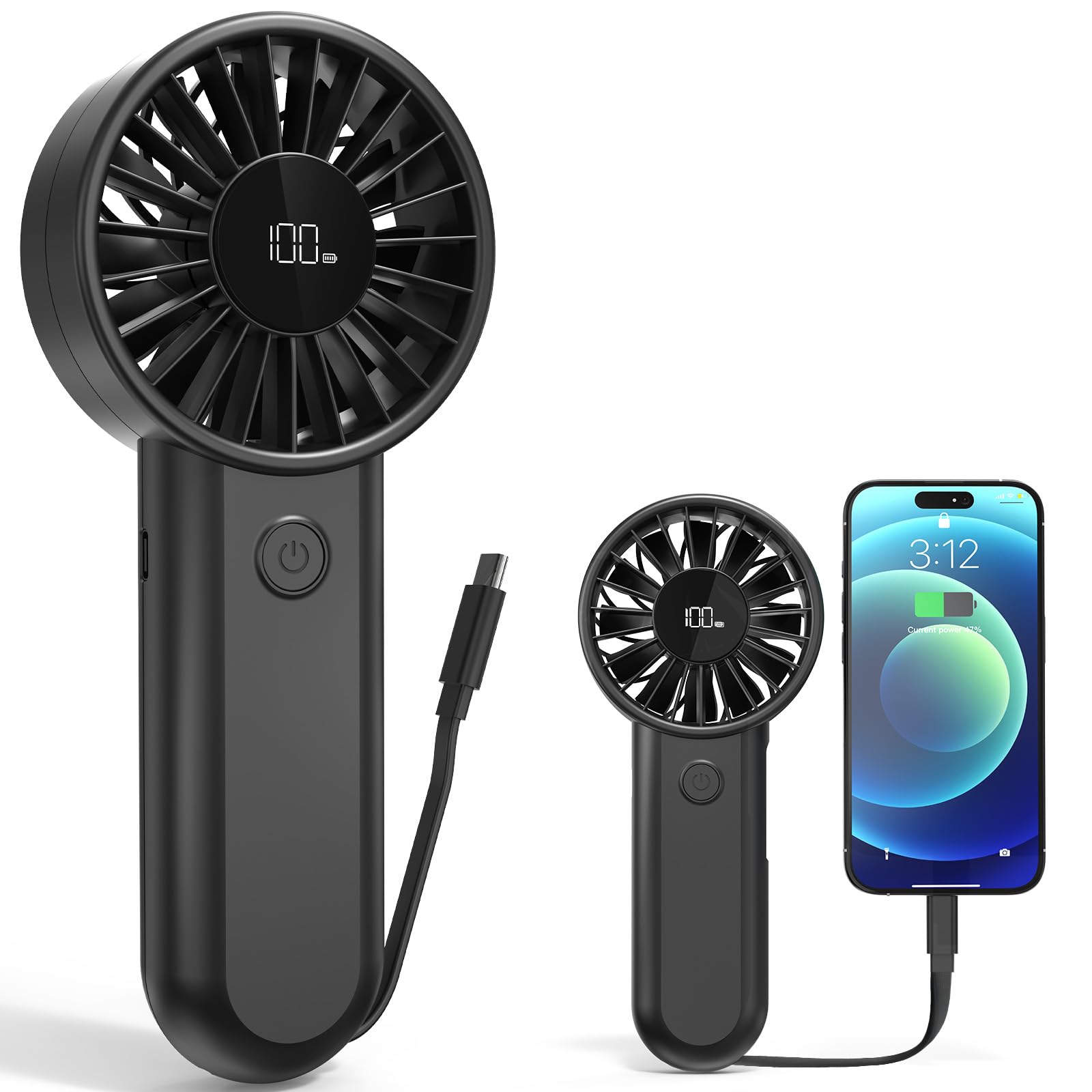 Amacool Handheld Fan Rechargeable, Built-in Type-C Cable, 5-Speed Personal Fan with LED Display, Max 12H Runtime, Portable Fans for Travel Outdoor Cruise Makeup, Gift for Women Stylish Girl (Black)