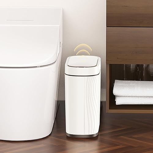 Pequeño cubo de basura inteligente para baño con tapa, cubo de basura con sensor automático de 2.8 galones, cubo de basura estrecho e impermeable,