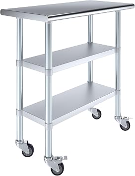 AmGood Stainless Steel Work Table with 2 Shelves and Casters | Metal Utility Table On Wheels Stainless Steel Work Table with 2 Shelves + Casters, 36" Long x 18" Deep