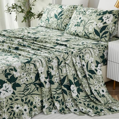 Helthep Twin XL Floral Sheets for College, 100% Cotton Green Floral Printed Bed Sheets Patterned Sheets with 16" Deep Pocket, 4Pcs Green Botanical Vintage Flower Sheet for Dorm Room
