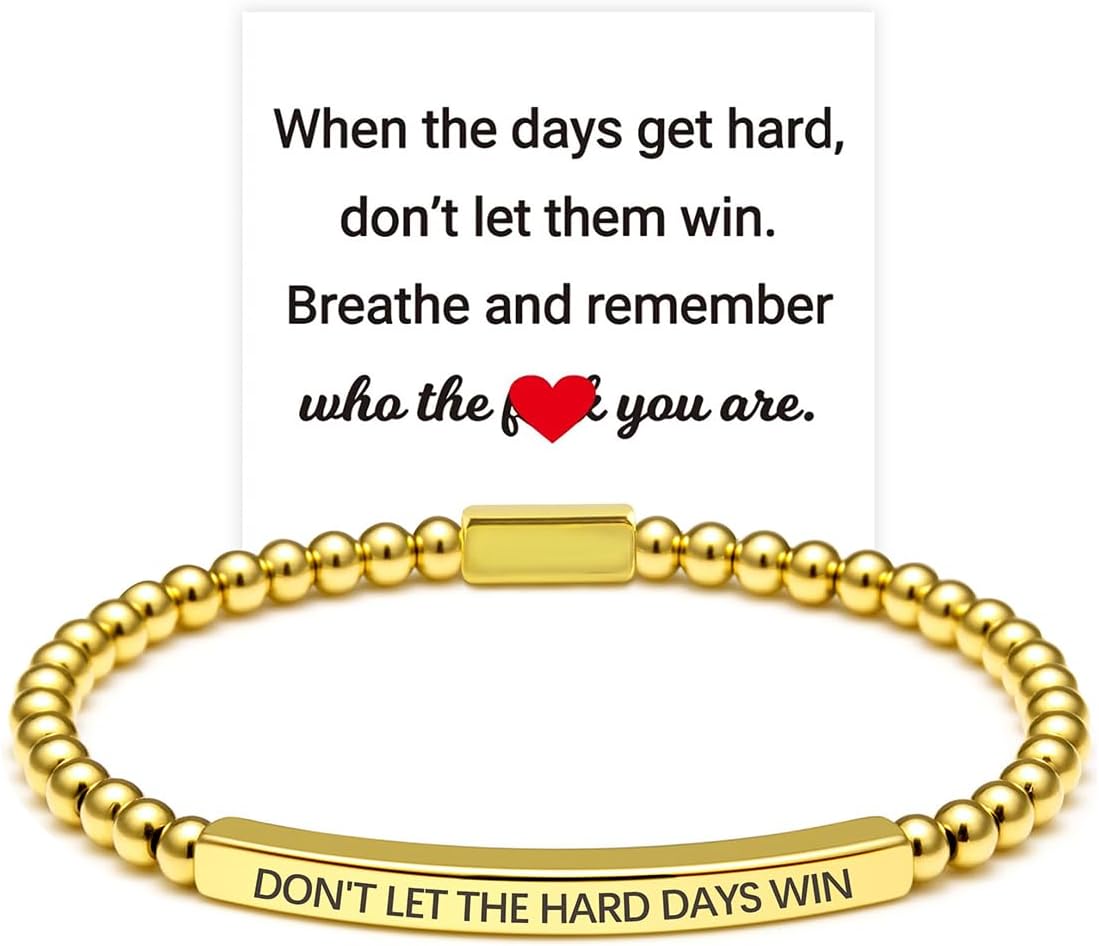 Dont Let The Hard Days Win Beaded Inspire Bracelet for Women, Adjustable Natural Obsidian Metal Tube Engraved Bracelets Stainless Steel Band Inspirational Gifts Jewelry