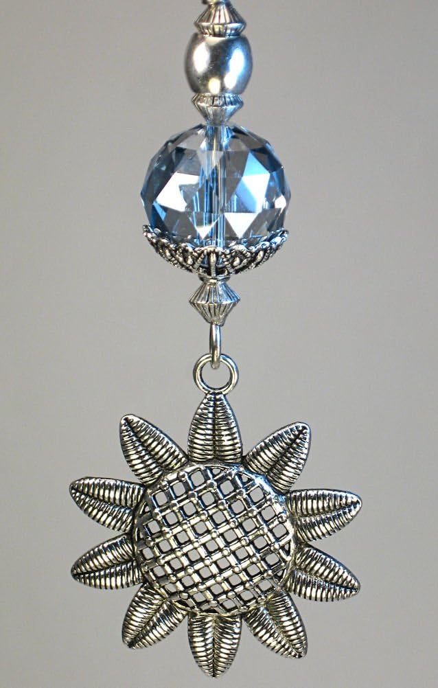 Silvery Textured Sunflower with Pale Blue Faceted Glass Ceiling Fan Pull/Light Pull Chain