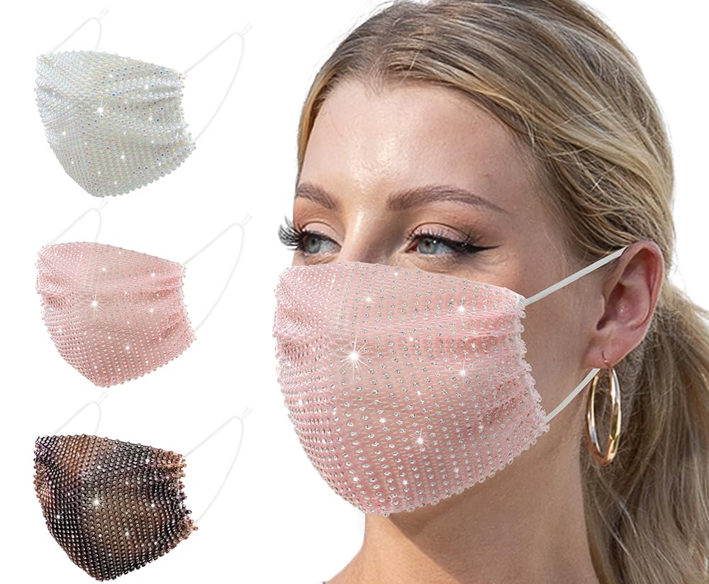 Auriviz 3 Pcs Multi Color Sparkling Rhinestone Nightclub Face Masks for Women Halloween Music Party Crystal Facial Coverings Adult Mesh Breathable Masks Christmas and Halloween Party Decorations