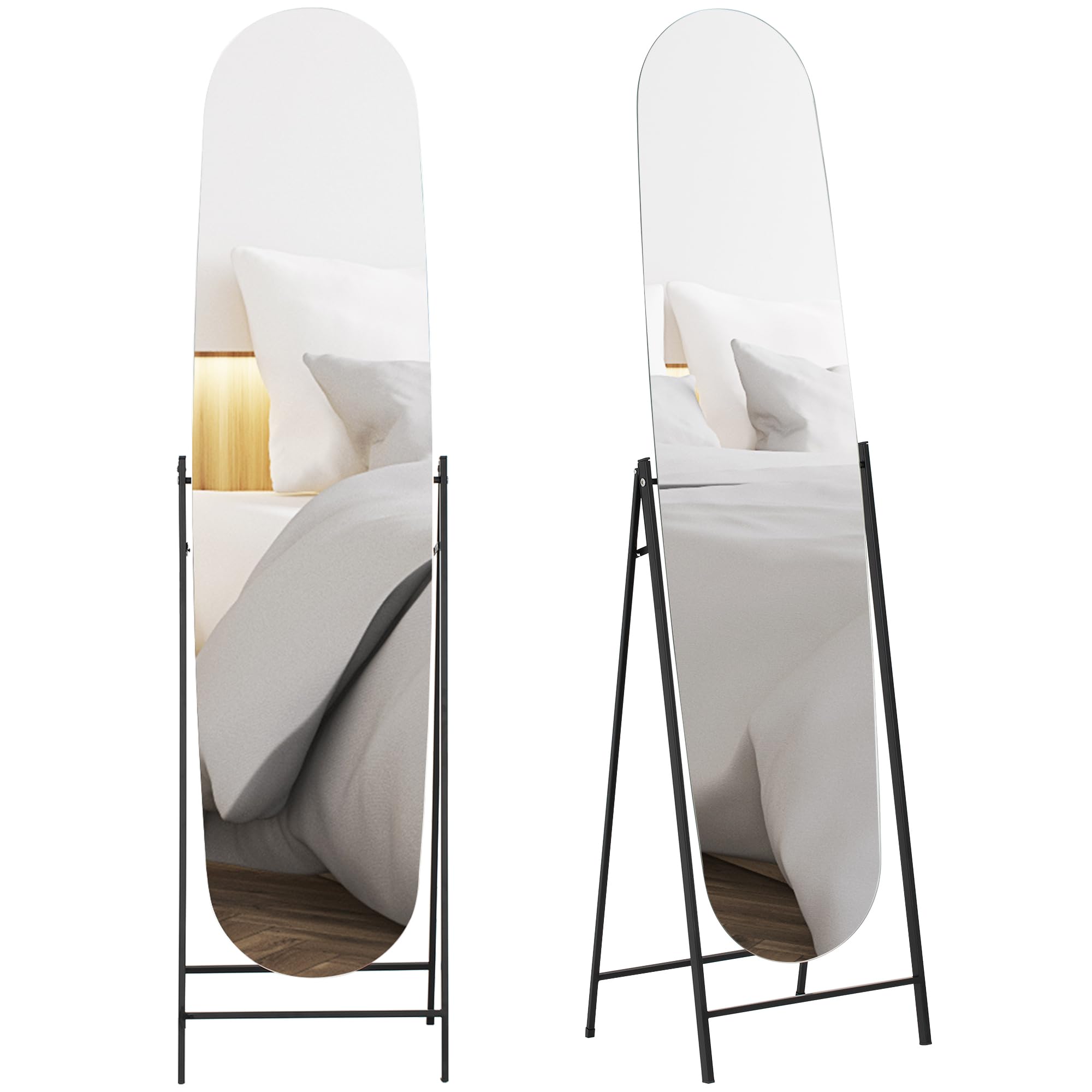 HOMCOM Espejo de Cuerpo Entero Arqueado 160x40 cm Espejo de Pie Negro | Apoyado en la Pared, sin Marco, Soporte de Metal, para Salón, Dormitorio, Vestidor y Entrada