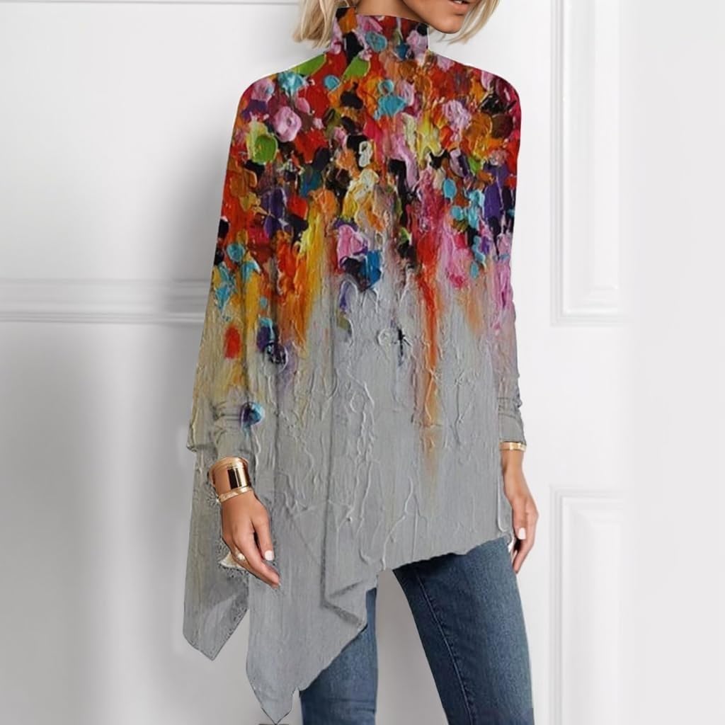 Akivide Women's Boho Floral Mock Neck Asymmetrical Hem Long Sleeve Tunic Top Spring Casual Loose Turtleneck Blouse Shirts - Image 2