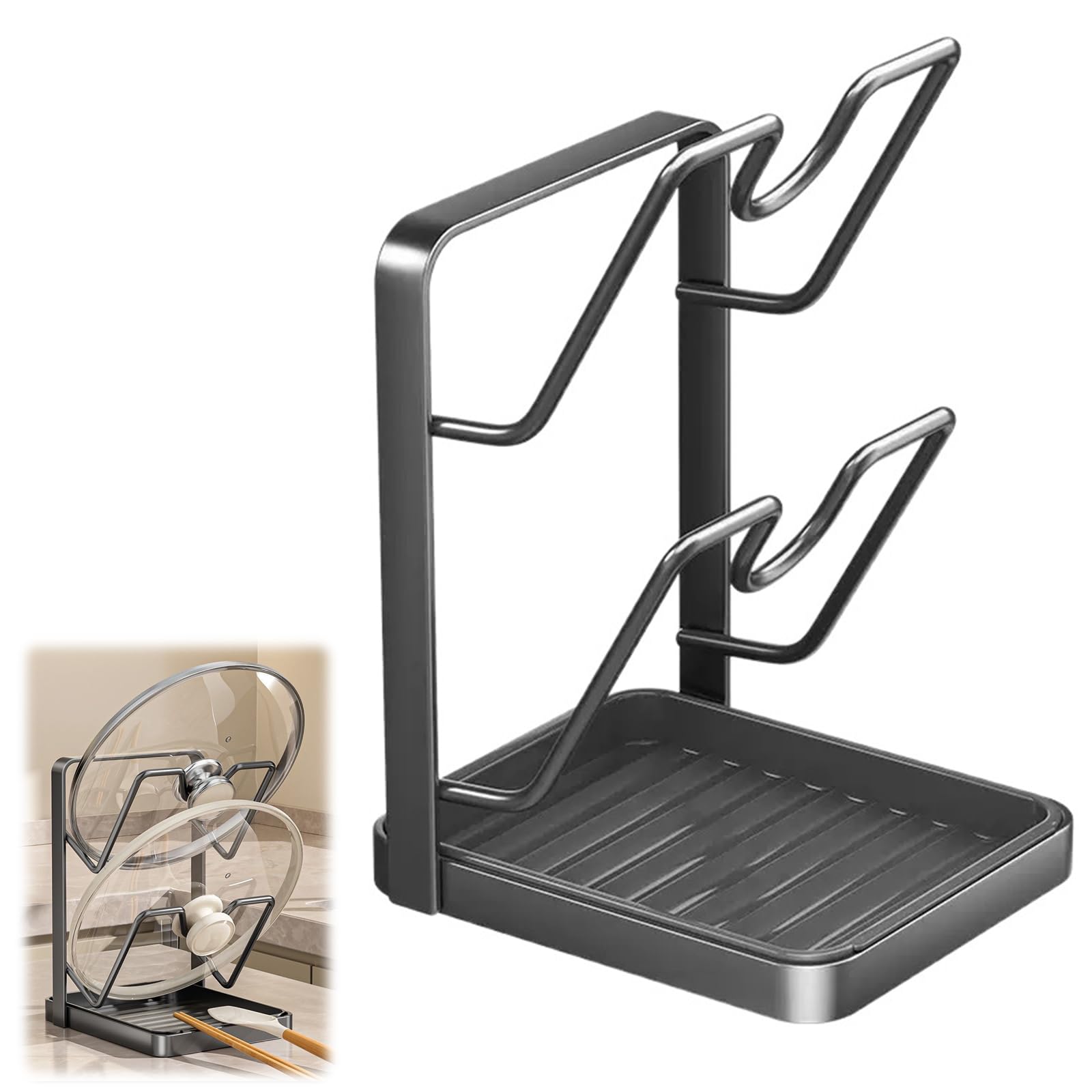 Topfdeckelhalter, Topfhalter Löffelablage Küche, Topfdeckelhalter Küchenutensilien, 2-in-1-Design für Zwei Topfdeckel Deckelhalter, Pot Lid Organizer Holder Für 16-34cm Topfdeckel