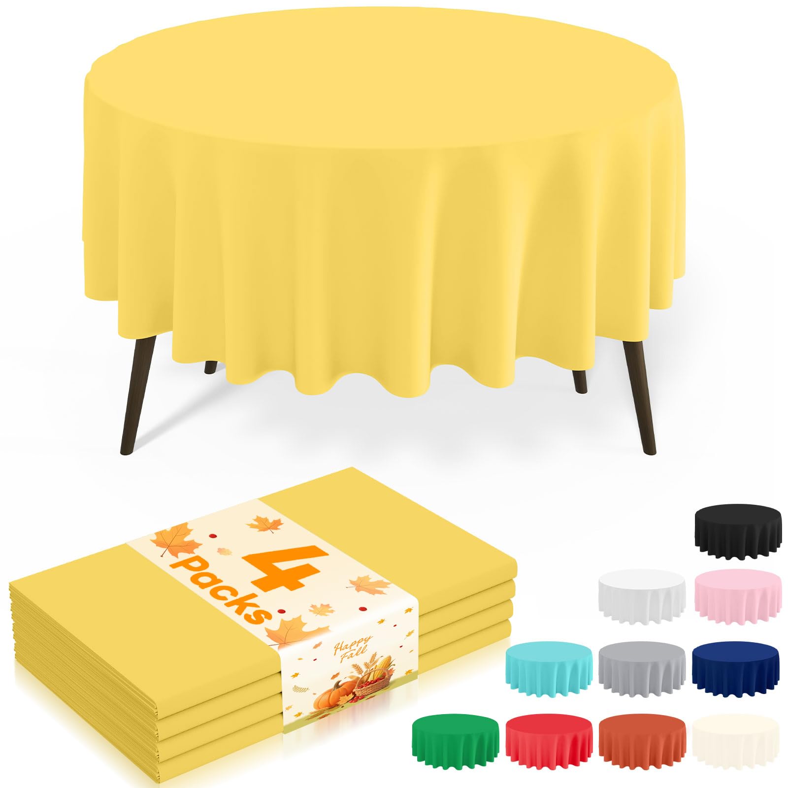 misaya 4 Packs Disposable Plastic Table Cloth, 84" Round Waterproof Tablecloth, Leakproof &amp; Sturdy Decorative Table Covers for Picnic, Party, Outdoor and Back to School, Yellow