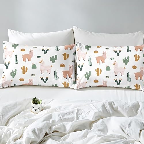 Miniatura 5 de Feelyou Juego de sábanas de alpaca con diseño de cactus, lindo juego de ropa de cama de llama para niños y niñas, funda de cama bohemia de