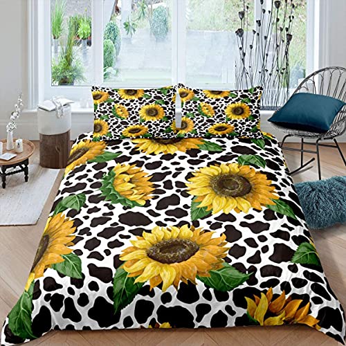 Erosebridal Sunflower Flower Floral Bedding Set Queen,Cow Print Comforter Cover Black White Abstract Milk Cow Duvet Cover for Kids Teens Adult Girls Boys, Plant Leaf Quilt Cover Gift Collect