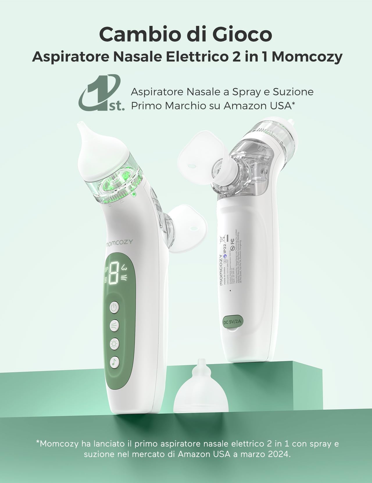 Momcozy BreezyClea Aspiratore Nasale Neonato Elettrico 2 in 1 con Spray, Aspirazione 65 kPa di Grado Ospedaliero, 4 Livelli Regolabili, Silenzioso e Portatile, Luce e Musica Calmanti