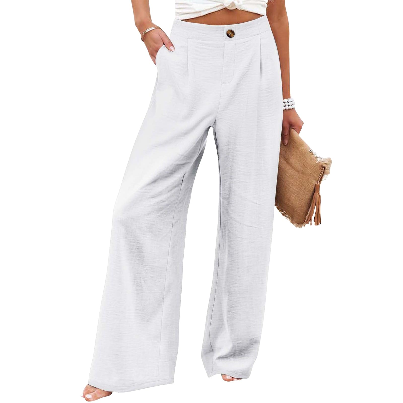Women's Wide Leg Pants Casual High Elastic Waisted Button Business Work Trousers Loose Straight Pants