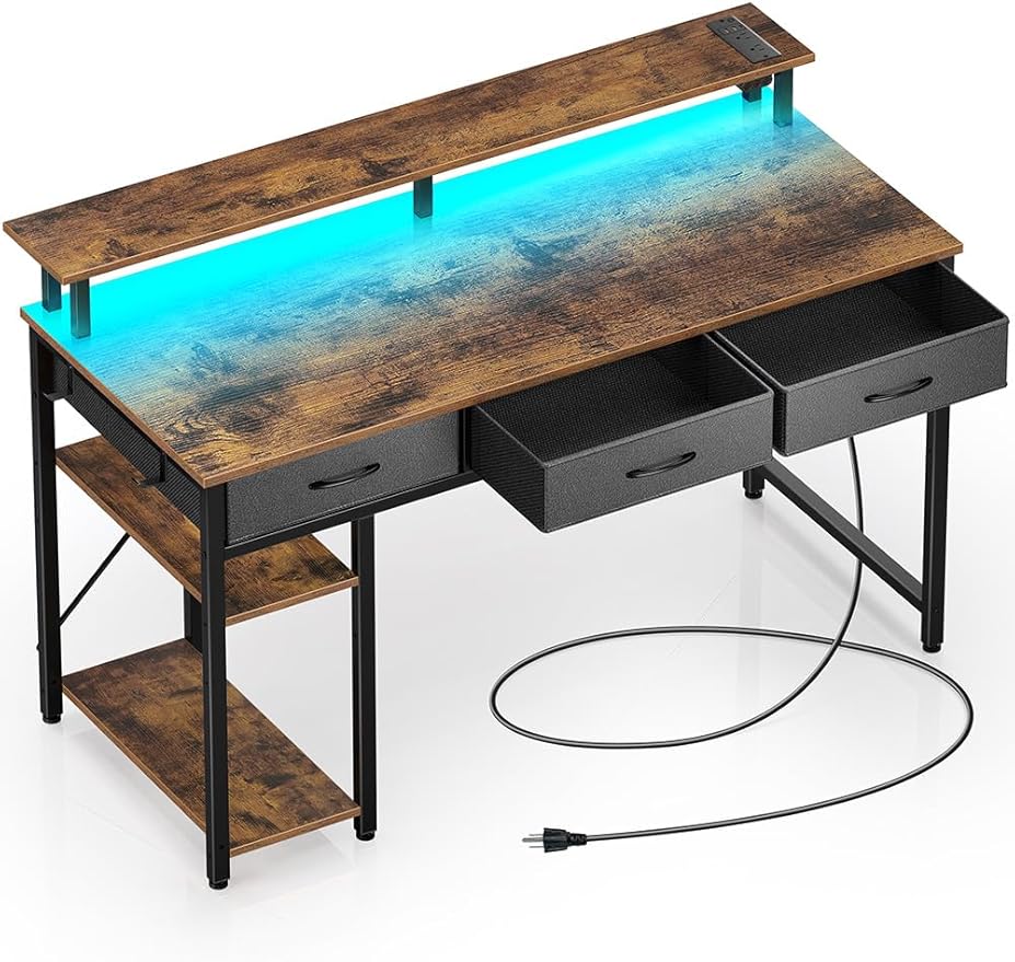 Rolanstar Computer Desk with Power Outlets & LED Light, 47 inch Home Office Desk with Drawers and Storage Shelves, Writing Desk with Monitor Stand, Modern Work Study Desk for Home Office,Rustic Brown : Amazon.ca: Home
