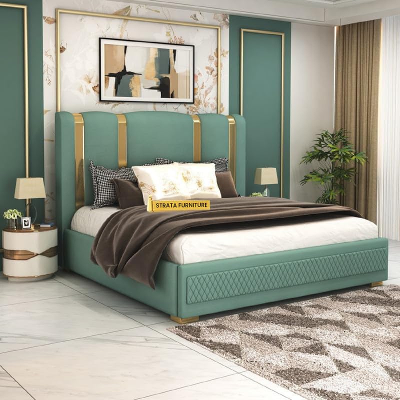 Image of STRATA FURNITURE Solid Wood Queen Size Bed with Box Storage and Upholstered Headboard | Modern Wooden Double Bed Cot Palang Furniture for Bedroom, Hotels, Living Room, and Home (Greendust)