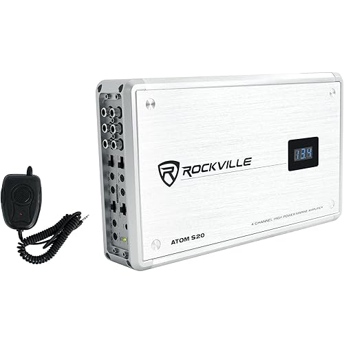 Rockville Atom S20 1600W 4-Channel Marine Amplifier with Bluetooth, PA Mic, Class AB, Adjustable Crossover, Rustproof, for Boats and Marine Sound Systems