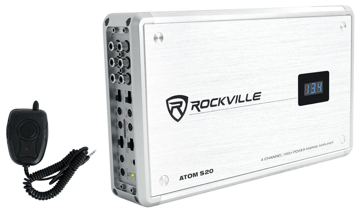 Rockville ATOM S20 Bundle: 1600 Watt Peak/440 Watt RMS Marine Bluetooth 4-Channel Amplifier with Volt Meter, PA Mic, RMWK4 4 AWG Waterproof Amp Wiring Kit, MRCA25 25 ft Twisted Pair RCA Cable, 3-items