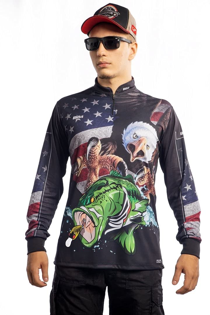 Brk Mens Long Sleeve Fishing Shirt American Black Bass UPF 30 Sun Protection