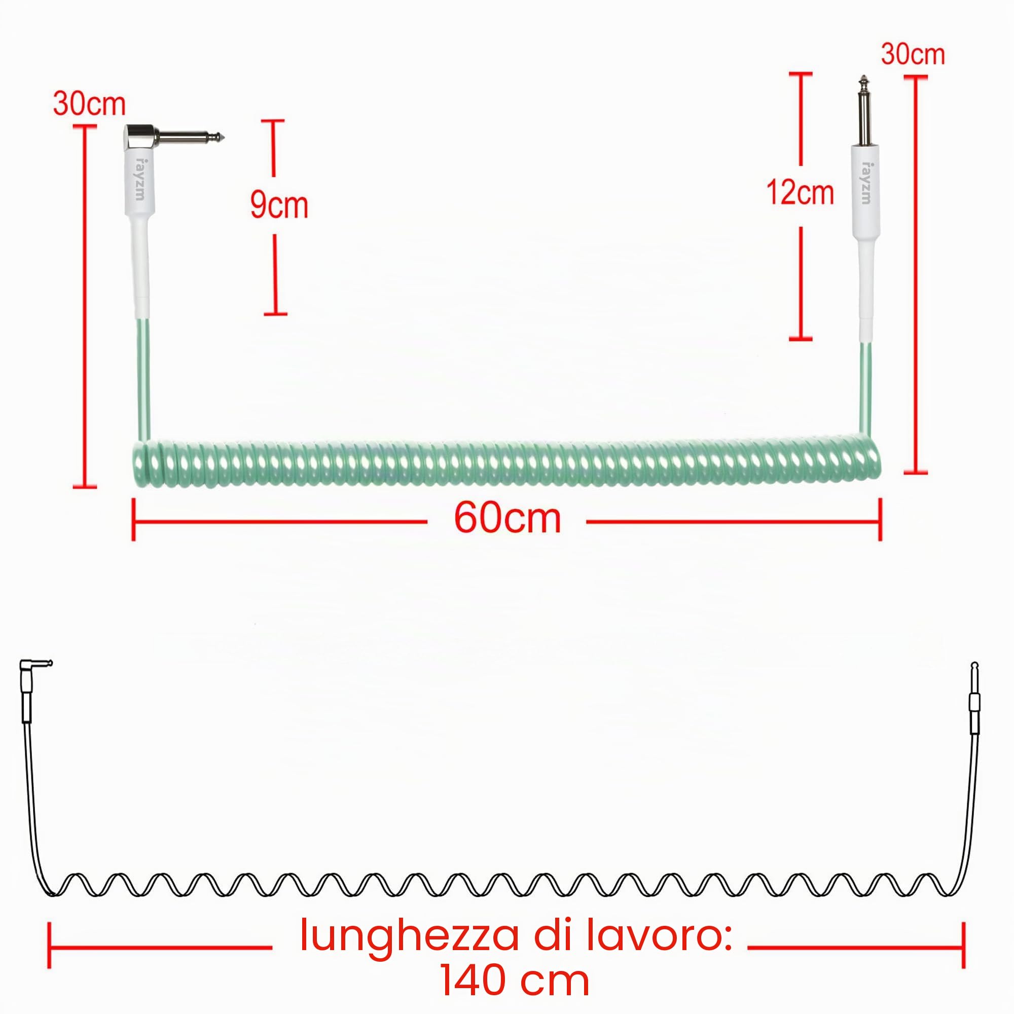 Rayzm Cavo Jack a Spirale per Strumenti, 2 metri di Cavo per Chitarra/Basso. 6,35 mm da angolo retto a dritto cavo per chitarra