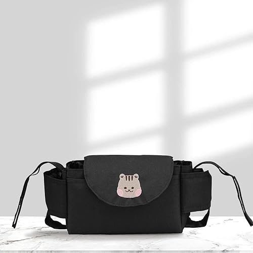 Bolsa colgante para cuna con bordado de dibujos animados para pañales, botellas, toallitas para uso de noche (negro)