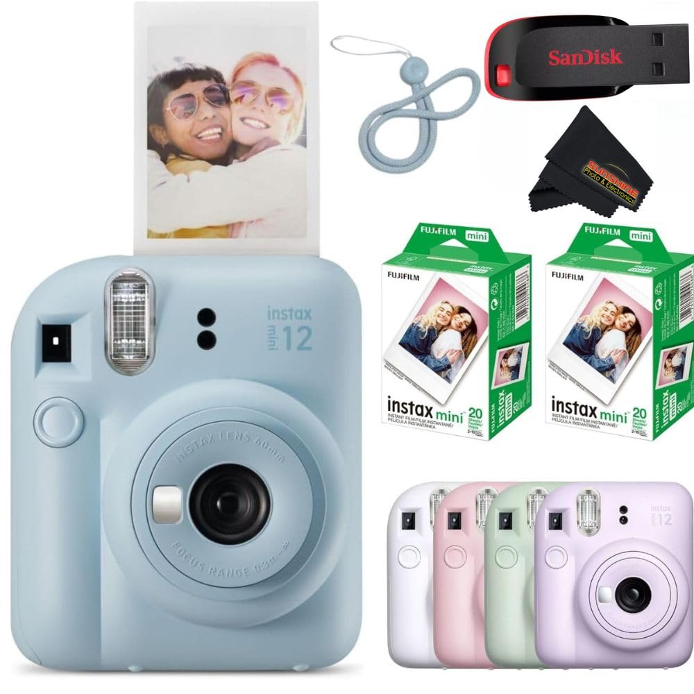 Fujifilm Instax Mini 12 Instant Camera Pastel Blue 40 Pack Fujifilm Mini Film Bundle with Sunshine Photo Microfiber Cleaning Cloth