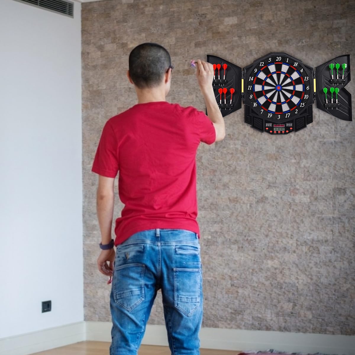 HOMASIS Set di freccette elettroniche con 12 freccette schermo a LED, bersaglio elettronico pieghevole con 27 giochi e 216 varianti per 1-8 giocatori,bersaglio digitale freccette in bar, casa,ufficio
