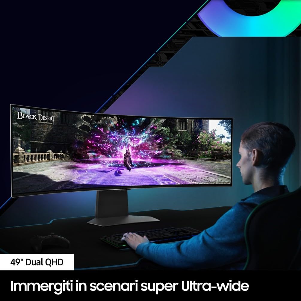 Samsung Monitor Gaming Odyssey OLED G9 (S49CG950), Curvo (1800R), 49'', 5120x1440 (DQHD), Smart Hub, 32:9, HDR10+, QD-OLED, 240Hz, 0,03ms (GtG), Compatibilità G-Sync, Micro HDMI, USB 3.0, DP, Casse
