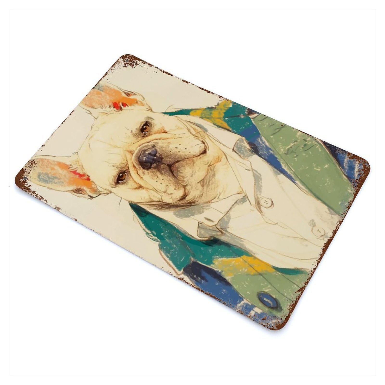 French Bulldog Portrait Distressed Metal Wall Sign 11.8"x7.9", Industrial Home Decor for Garage, Pub Or Kitchen