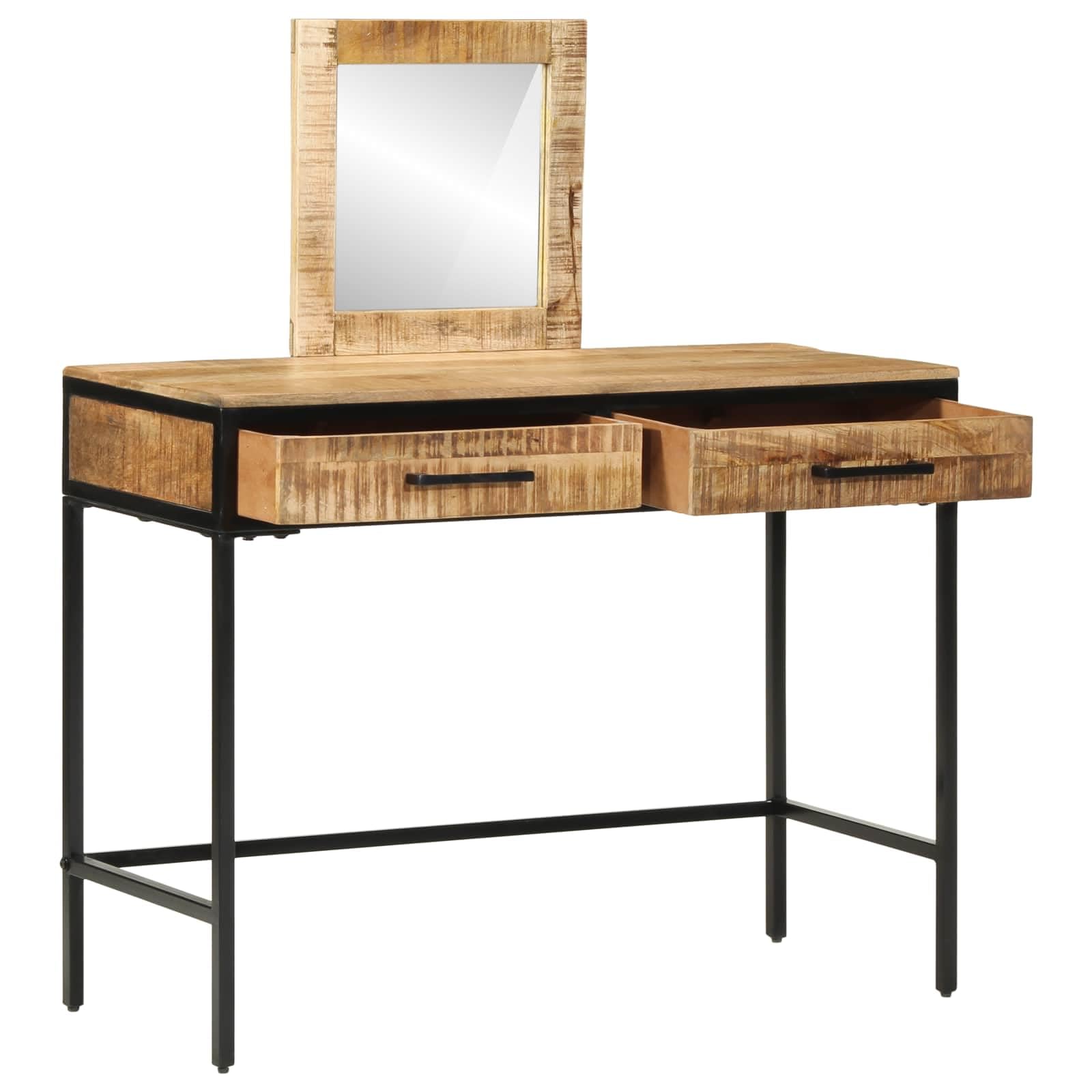 Schminktisch Massivholz Mango Braun 100x40x120 cm mit Spiegel und Schubladen, Stabiler Metallrahmen, minimalistischer Make-up Tisch für Schlafzimmer