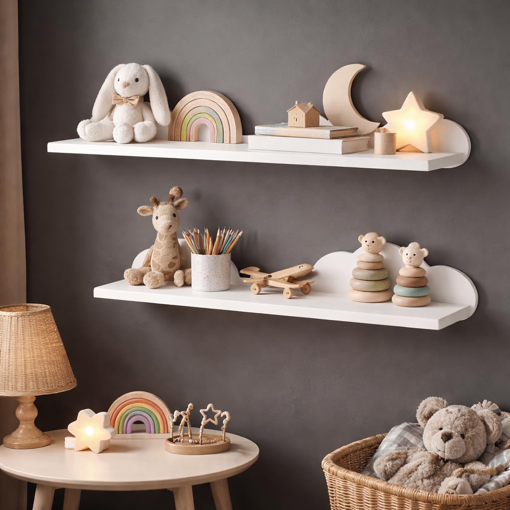 HomeZone® Lot de 2 étagères flottantes en Forme de Nuage pour Chambre d'enfant ou Salle de Jeux Panneau MDF Blanc, étagère légère pour Rebord d'image, étagère pour Chambre de bébé, Murale 54 cm
