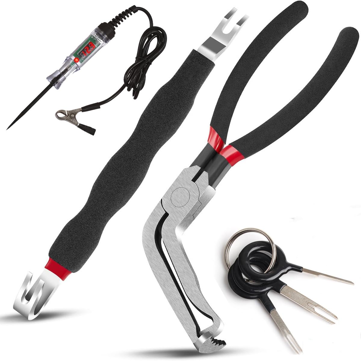 Five-Piece Set Of Electrical Disconnection Pliers, Needle Extractor & Voltage Tester (5-120v), Electrical Connector Separator Tool And Automotive Electrical Connector Pliers (Black 4 Bend)