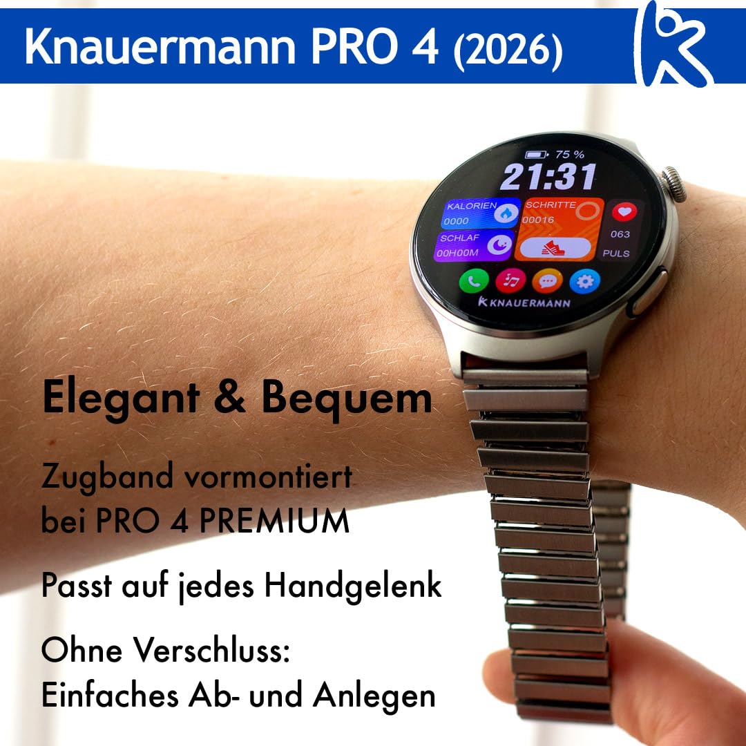 Knauermann Pro 4 ECG Healthy Watch - Reloj Inteligente con función telefónica – Reloj Inteligente Plateado – Pulso presión Arterial oxígeno en Sangre HRV – Análisis del sueño – para Hombre y Mujer