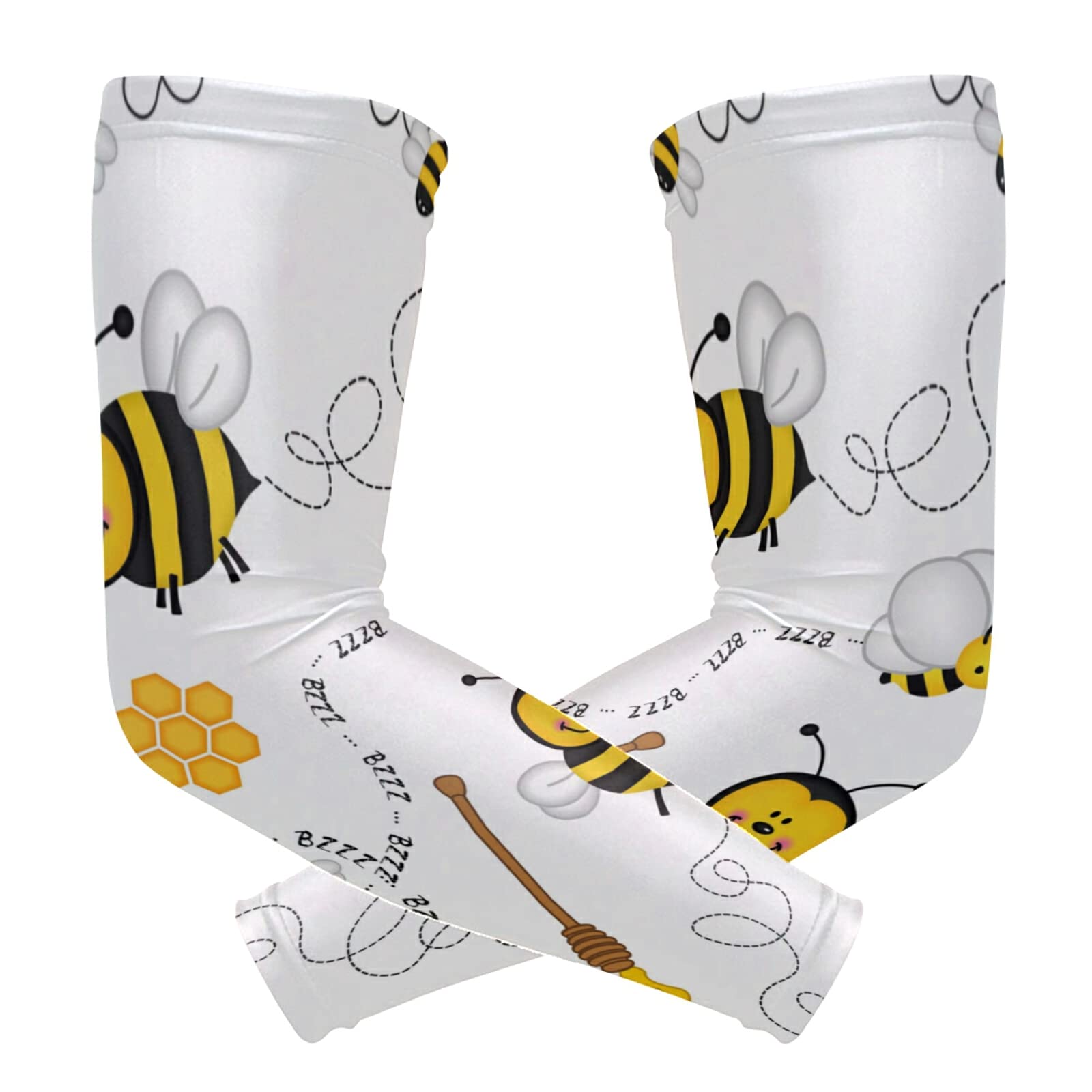 Flying Bee Honeycomb Honey White Flowers Seamless on White 1 Pair Cooling Sports Arm Sleeves, Cover Uv Sun Protection Warmer for Sports Men Women Running Golf Cycling Riding Jogging