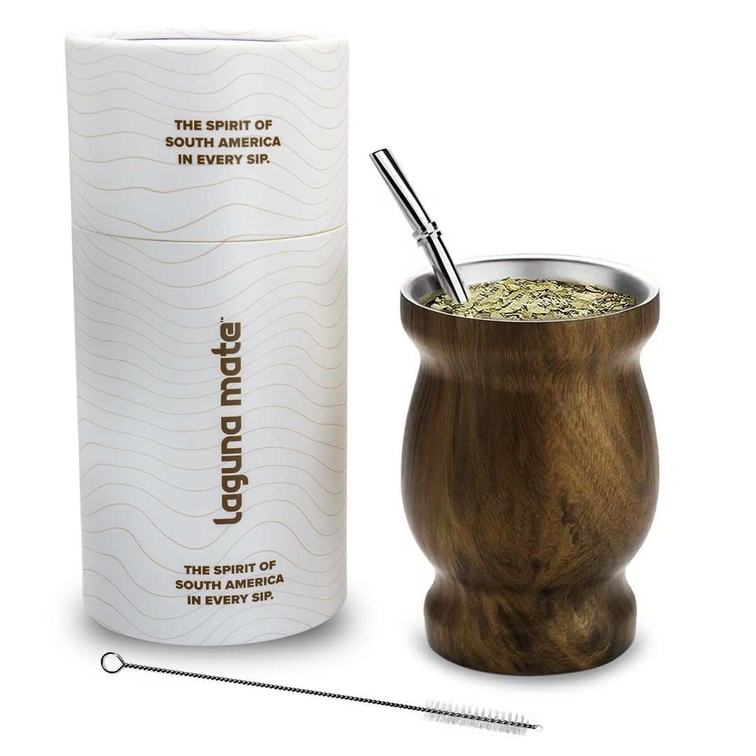 Stainless Steel Yerba Mate Cup and Bombilla Set - Includes 1 Yerba Cup, 1 Container, 1 Bombilla Straw & 1 Cleaning Brush - Wood Color