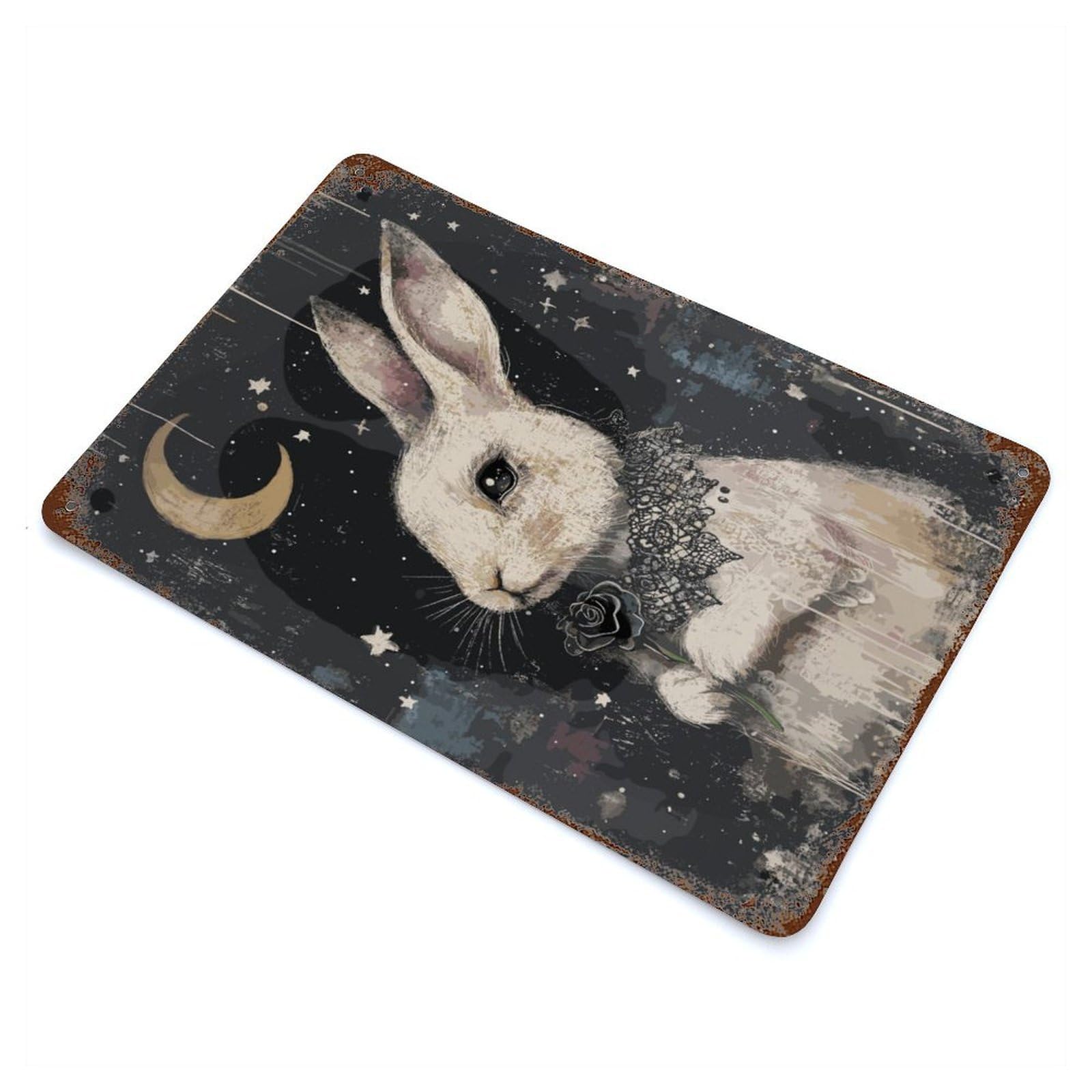 Gothic White Rabbit with Black Rose Rust Effect Tin Sign 11.8"x7.9", Ideal for Cafe, Home Bar And Lounge Decor