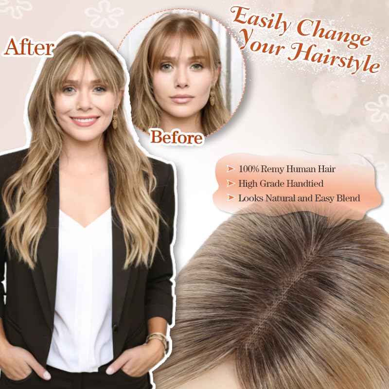 Miniatura 5 de Toppers para el cabello para mujer, con cabello humano real, extensiones de cabello humano con flequillo y clip