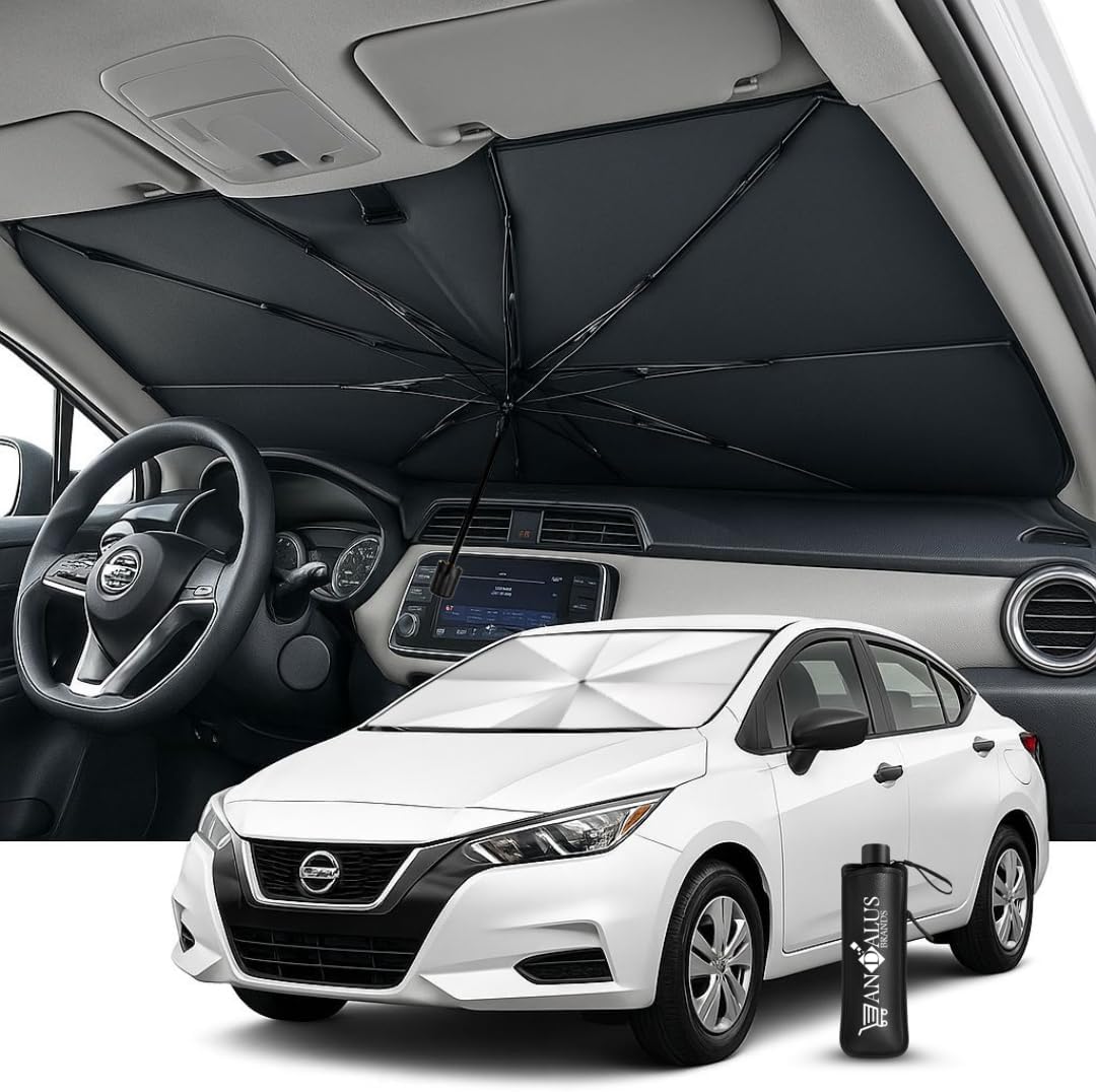 Windshield Sun Shade for Cars, SUVs & Trucks – Foldable Umbrella Sun Visor for Car, Heat & UV Protector with Storage Pouch (Small (53x29 inch))