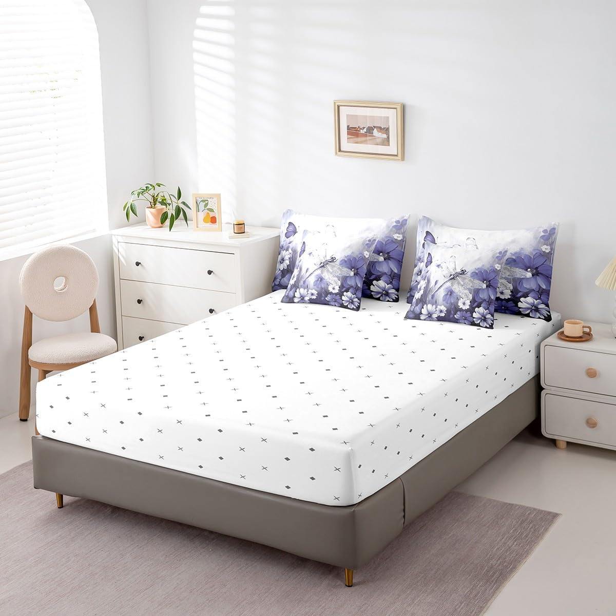 Erosebridal Dragonfly Bed in a Bag Queen Comforter Set 7 Piece Daisy Flowers Bedding Sets,Light Purple Ombre Oil Painting Sheet Set with Comforter Graffiti Art Rustic Animals Butterfly Bohemian Decor