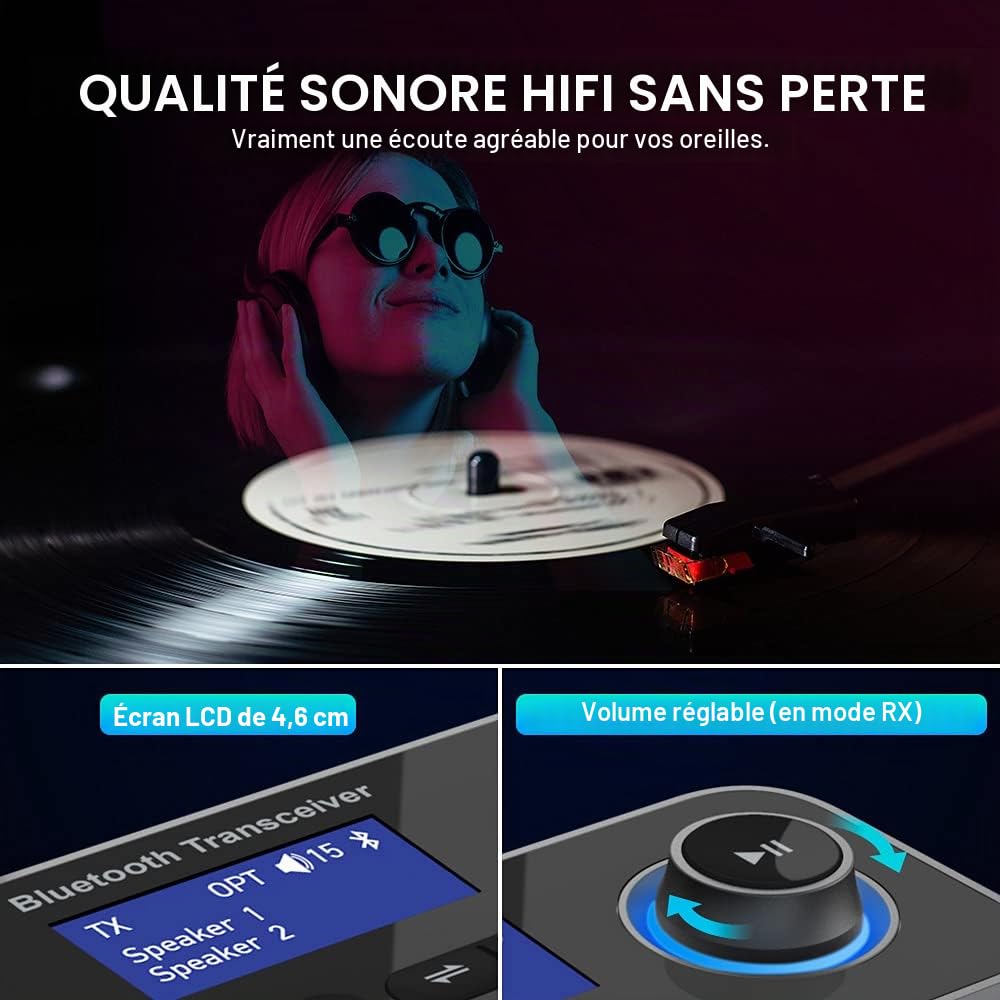 Émetteur Récepteur Bluetooth 3 en 1 Adaptateur Audio Bluetooth 5.3 Double Connexion Transmetteur Receveur Bluetooth avec RCA/Optique/AUX Contrôle du Volume Bypass vers TV, Stéréo, Écouteurs