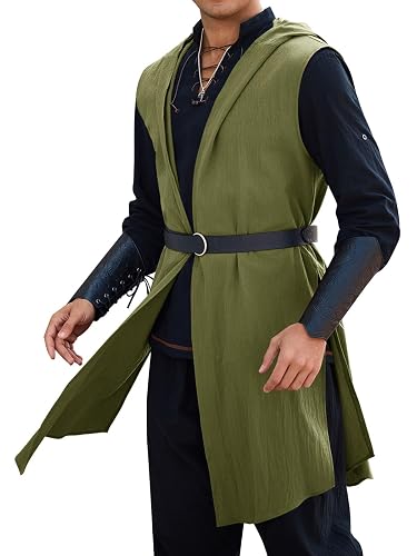 Runcati Mens Renaissance Costume Hooded Surcoat Medieval Knight Sleeveless Tunic