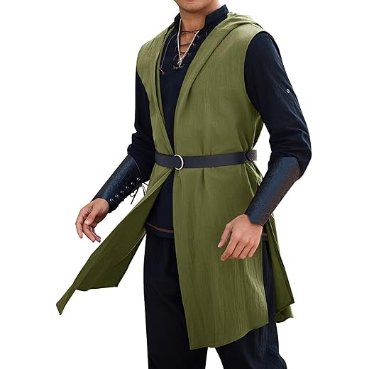 Runcati Mens Renaissance Costume Hooded Surcoat Medieval Knight Sleeveless Tunic Tops Tabard Viking Holloween Cloak