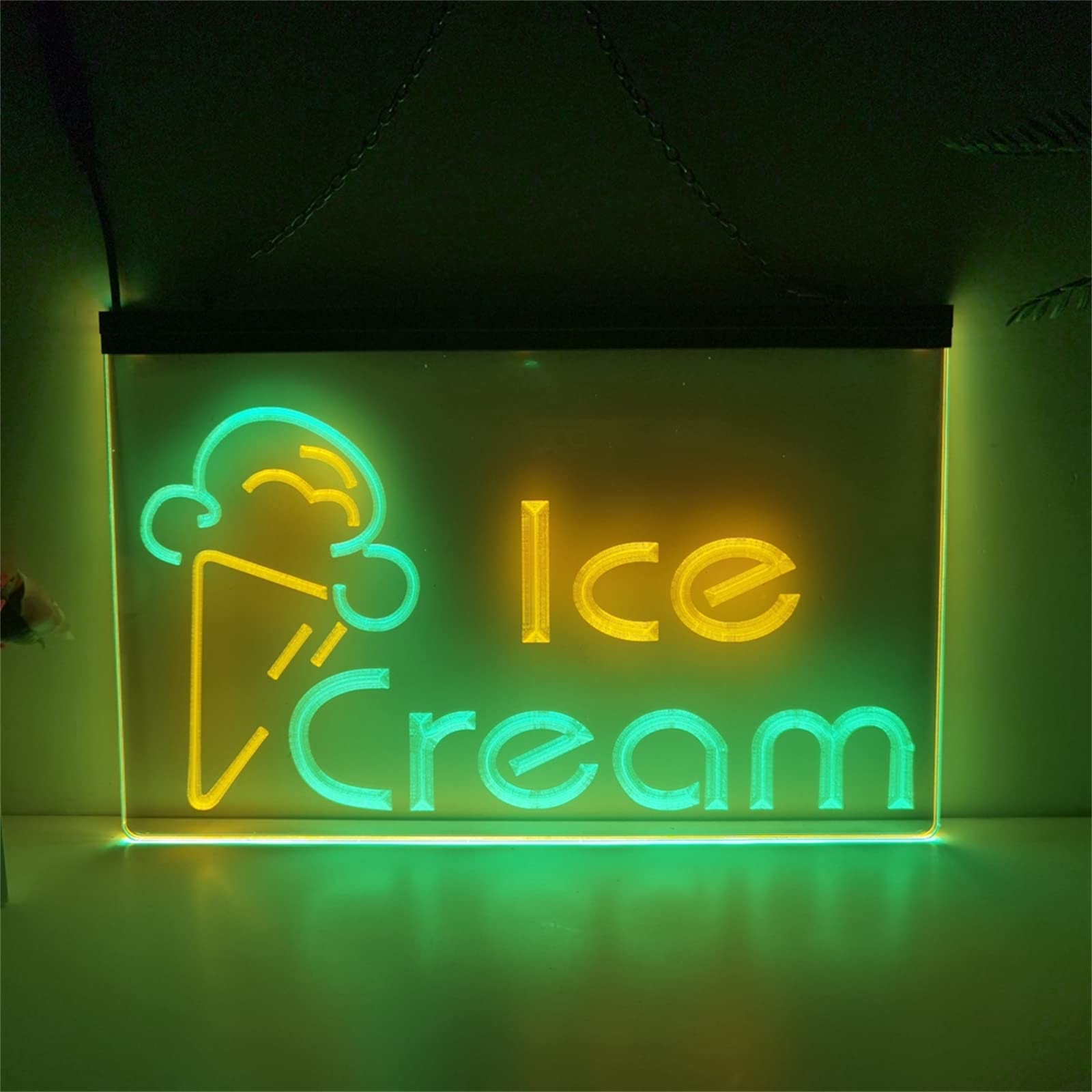 REWIS Ice Cream LED Neon Signs, USB Powerd 3-Level Dimming Neon Lights, for Ice Cream Shop Hanging Signboard,Green Yellow,30x20cm