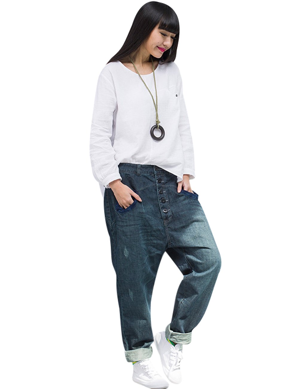 Youlee Femmes Pantalon élastique en Harem de Taille Jeans en Coton