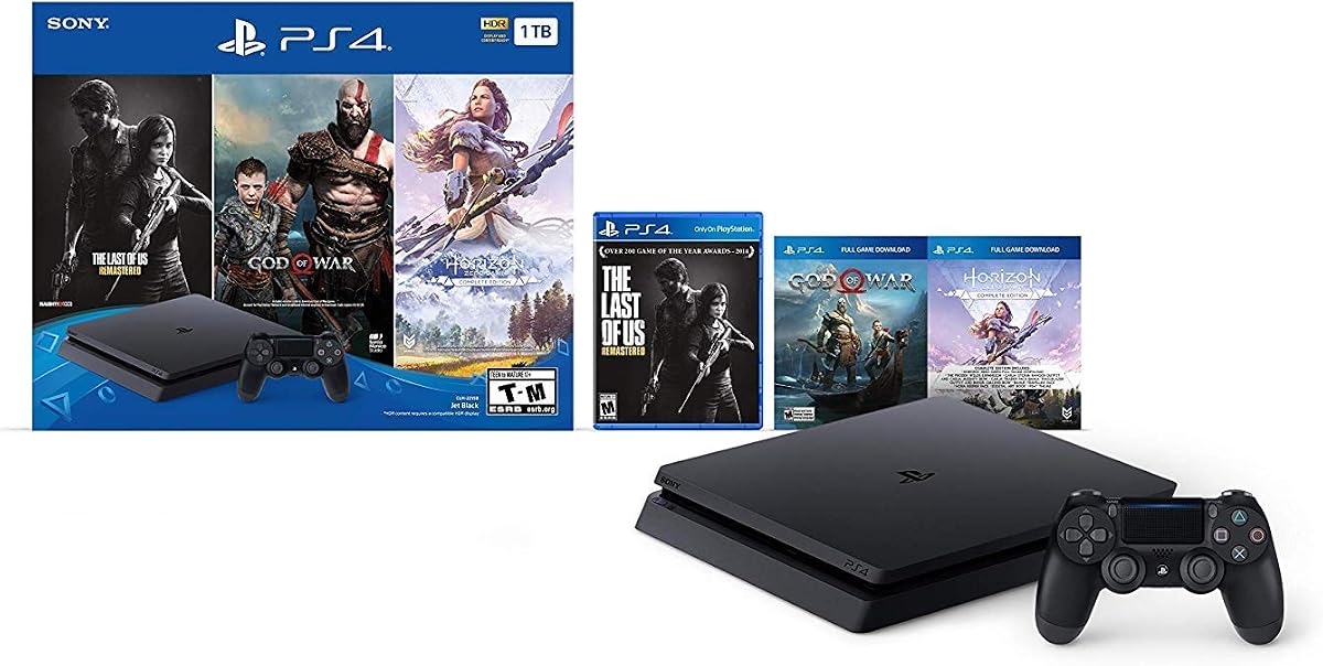 El paquete de consola de juegos Sony Playstation 4 PS4 de 1 TB HDD con tres juegos: The Last of Us, God of War, Horizon Zero Dawn, controlador inalámbrico incluido (renovado)