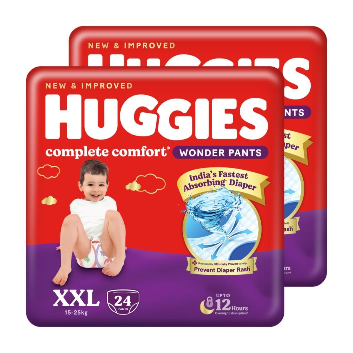 Huggies Complete Comfort Wonder Pants|Pant Style Baby Diapers Double Extra Large (XXL) Size, 48 Count | India's Fastest Absorbing Diaper, Prevents Diaper Rash, Ideal for 15 to 25 Kgs (24 Count, Po2)