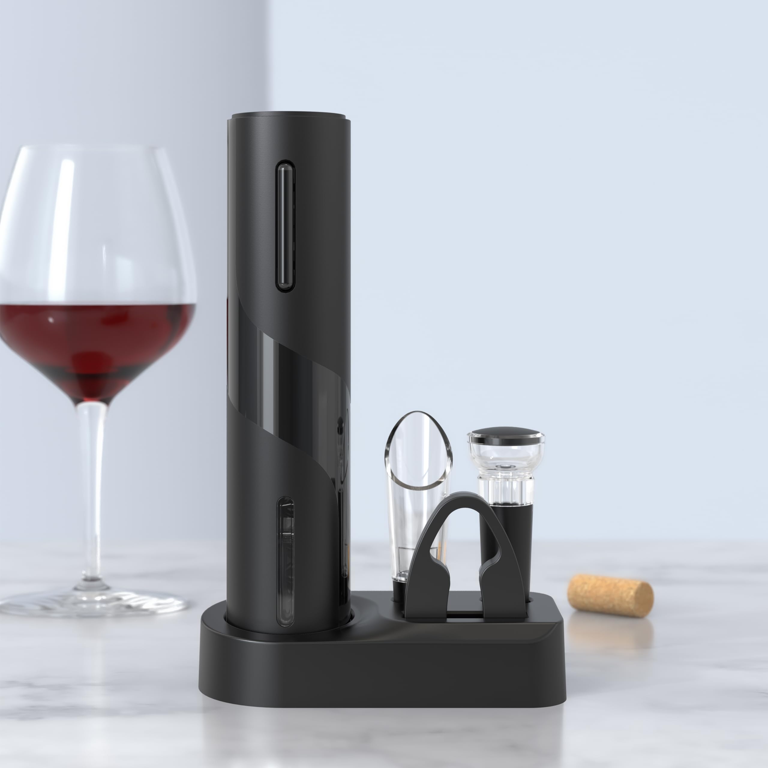 Abrebotellas de vino eléctrico recargable, juego de abridor de vino automático 5 en 1, abridor de vino eléctrico con cortador de lámina, vertido de vino, tapón de vino y base de almacenamiento 6