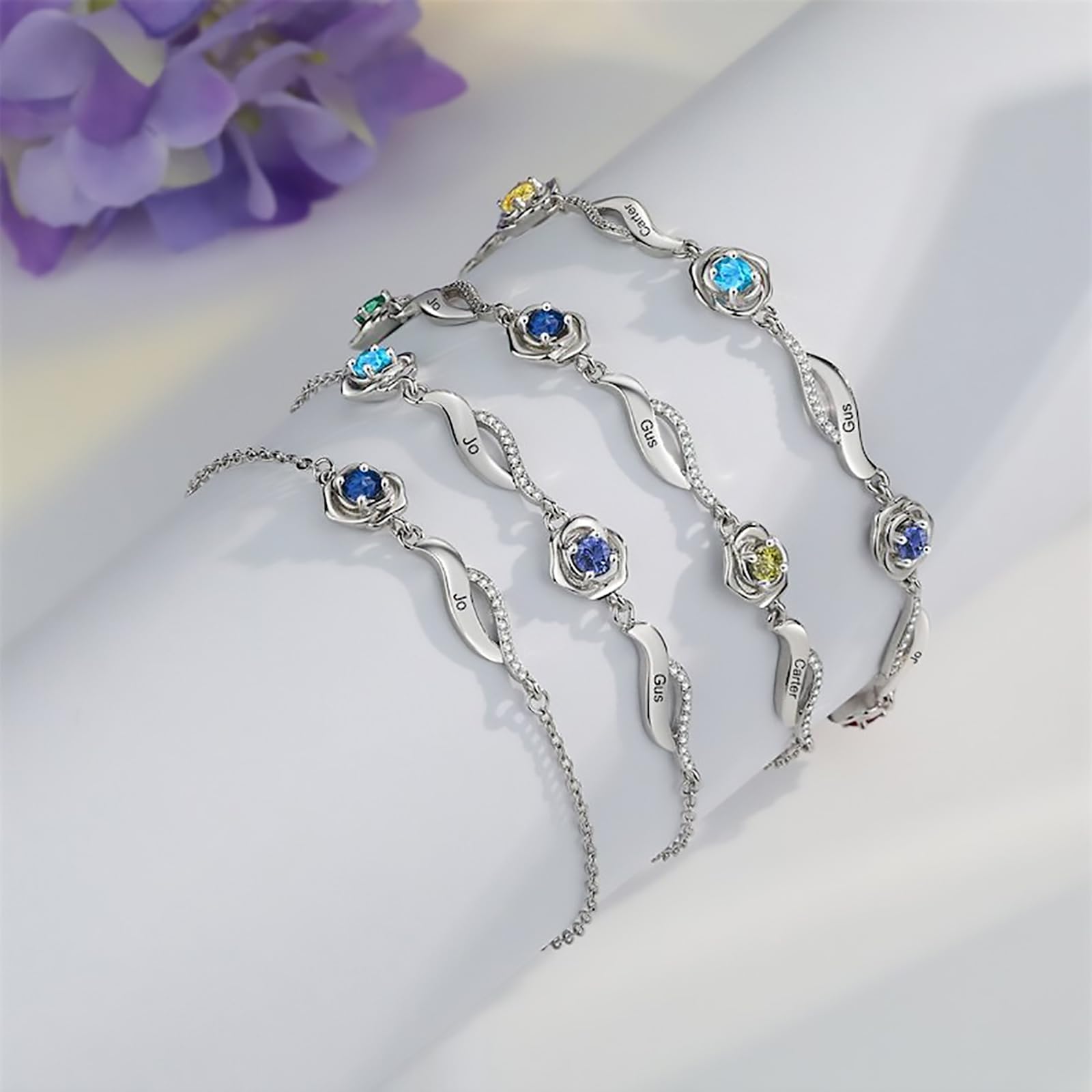 Personalisiertes Armbänder Fußkettchen mit 1–4 Geburtssteinen und Eingravierten Namen Für Frauen, Sterlingsilber Personalisiertes Fußkettchen, Schmuckgeschenk Geburtstag