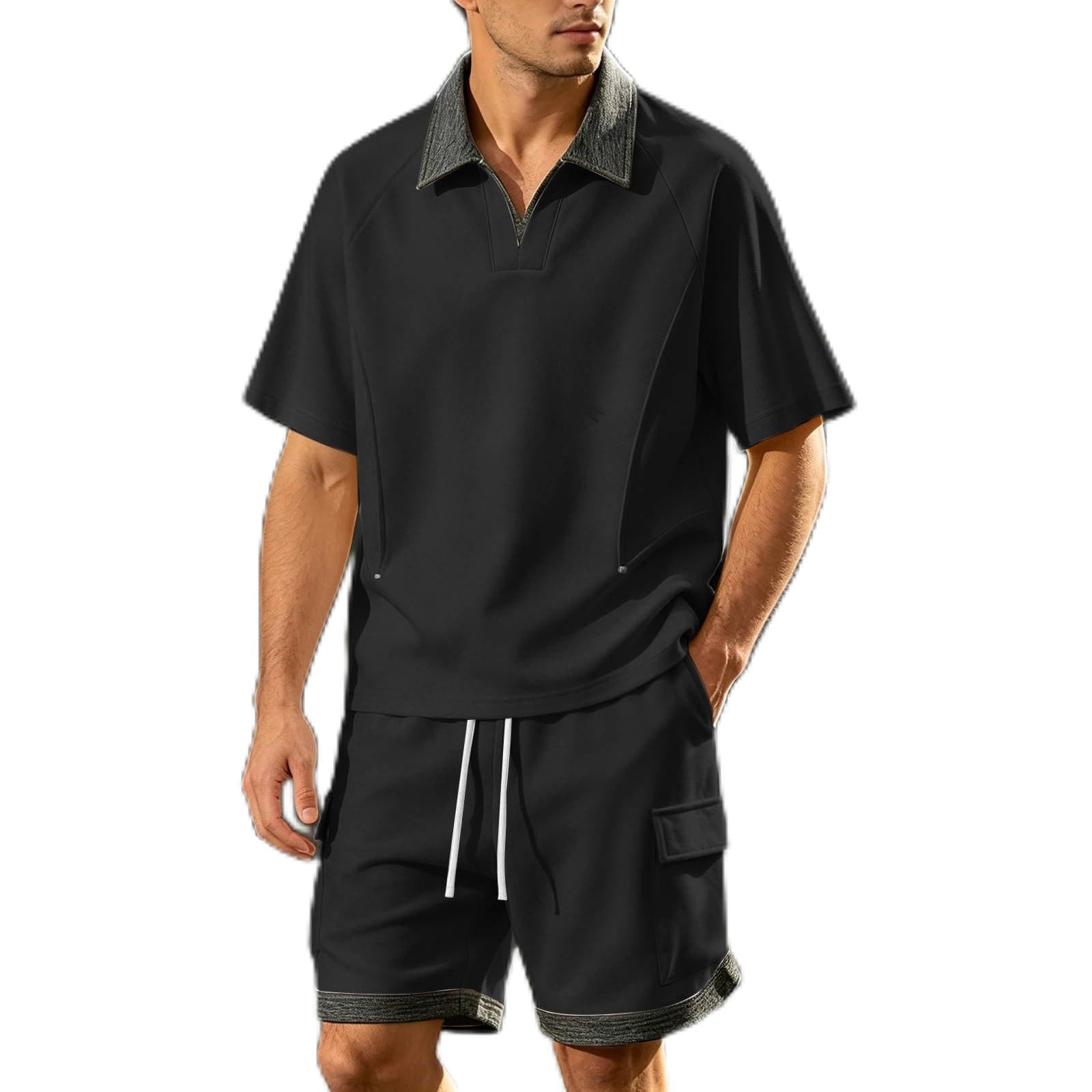Tuta da jogging da uomo, con polo e pantaloncini, due pezzi, con coulisse, risvolto, tuta estiva, per il tempo libero, per il tempo libero, abbigliamento sportivo per la casa e le vacanze