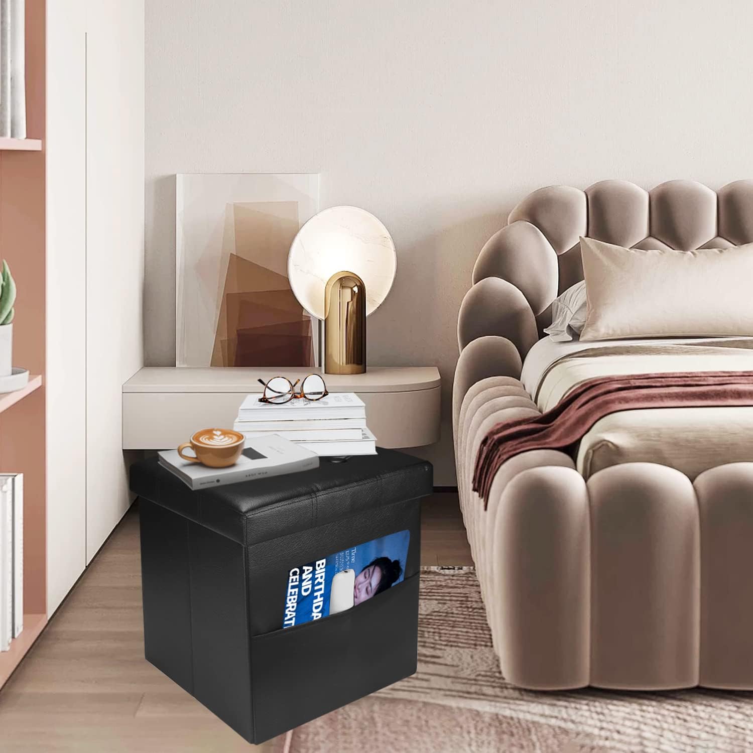 FujDun® Folding Storage Ottoman Square Cube Foot Rest Footstool with Side Pocket,Leather Ottoman Seat for Living Room or Bedroom,Padded with Thick Sponge (Black, 15 * 15 * 15 inches)