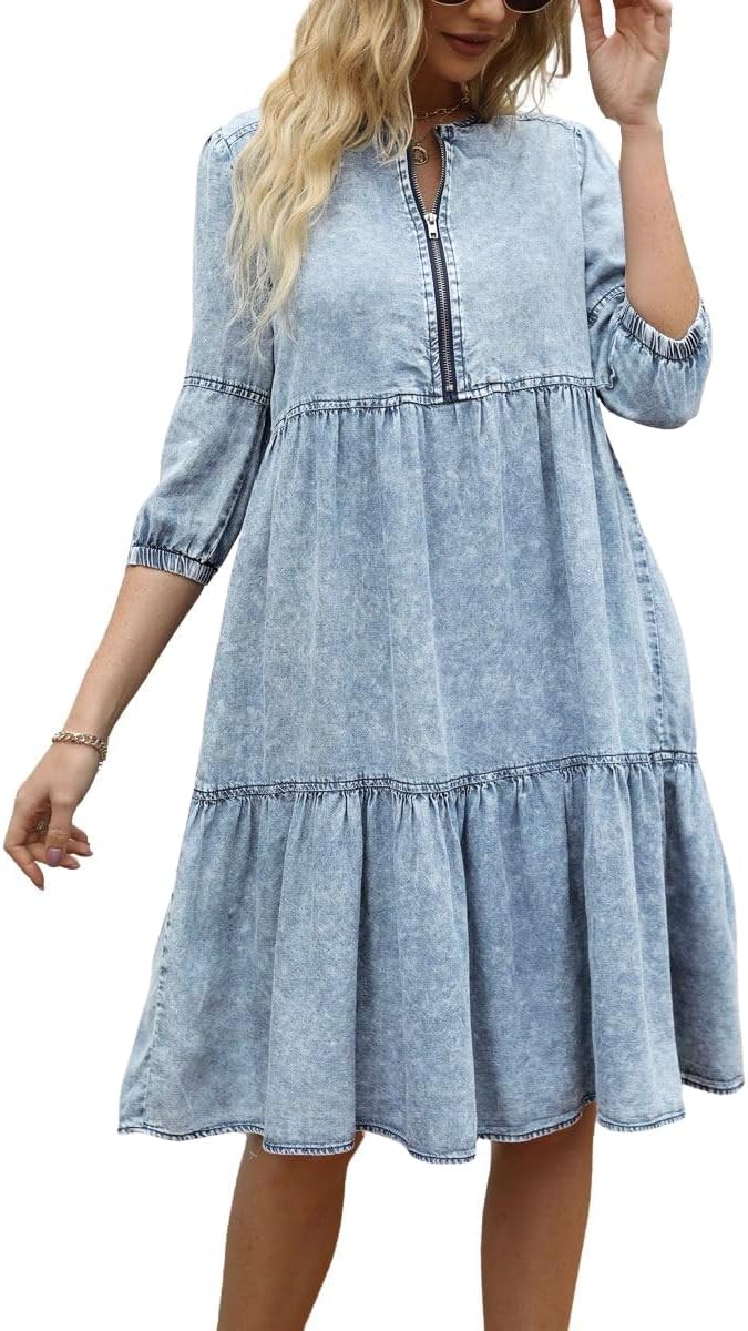 chouyatou Women's Vintage Washed Loose Fit 3/4 Sleeve Tiered Babydoll Mini Denim Jean Dress