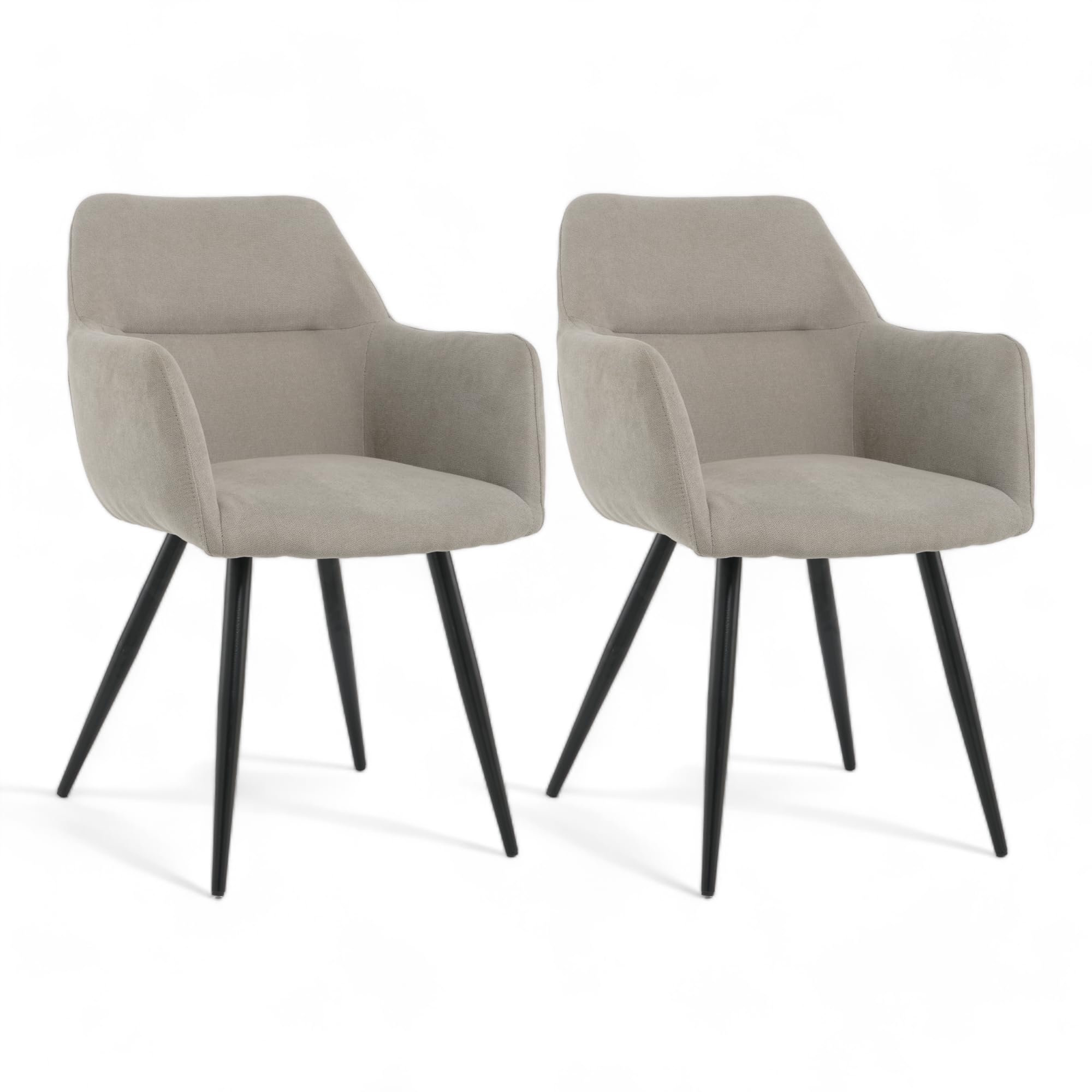 Pack de 2 Sillas de Comedor en Lino Gris Claro – Sillas Ergonómicas, Confortables y Acolchadas con Reposabrazos – Respaldo Curvado y Patas de Metal Negro – Diseño Elegante para Cocina, Salón y Comedor