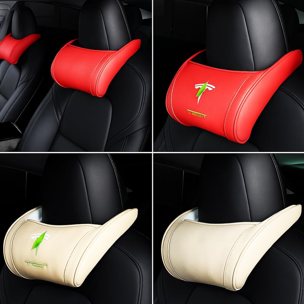Car Headrest Neck Pillow Support Ergonomic, with Valve Stem Covers Accessory for Driving Seat Fatigue Relief Compatible with Model S X 3 Y & Cybertruck - 2 Pieces